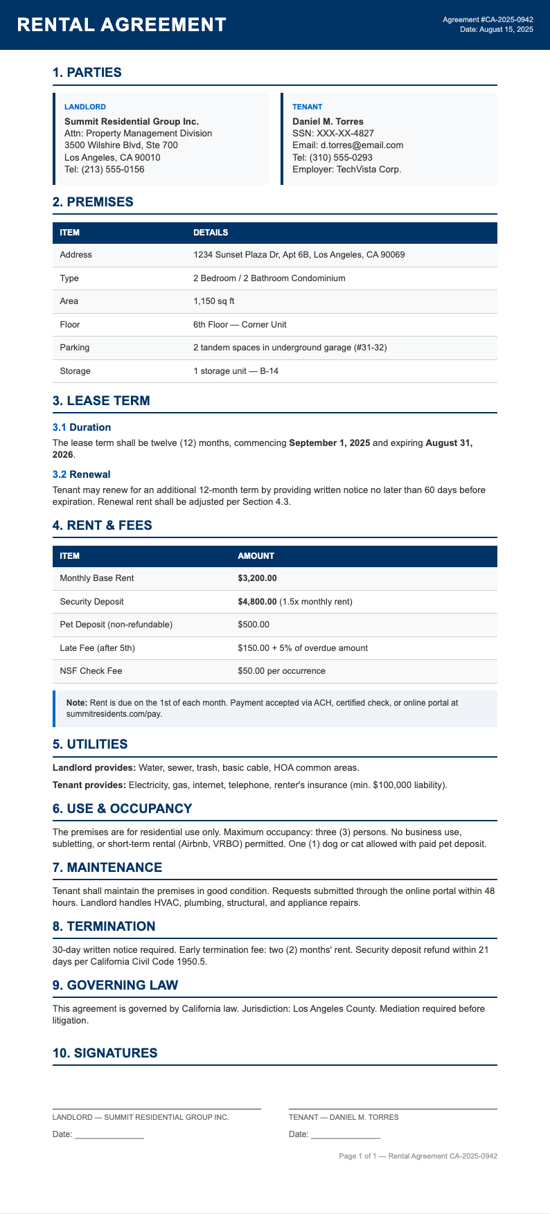 Corporate standard rental agreement